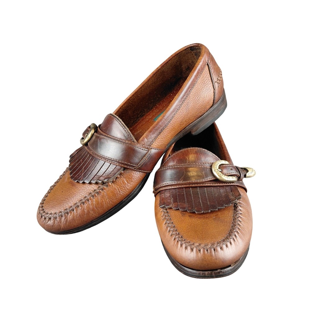 Cole‎ Haan Country Mens Brown Leather Kiltie Loafers Buckle Fringe Size 8.5 M